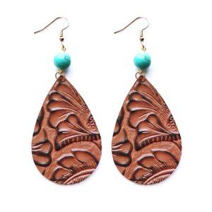 Brown Leather Water Droplet Earring with Turquoise Bead